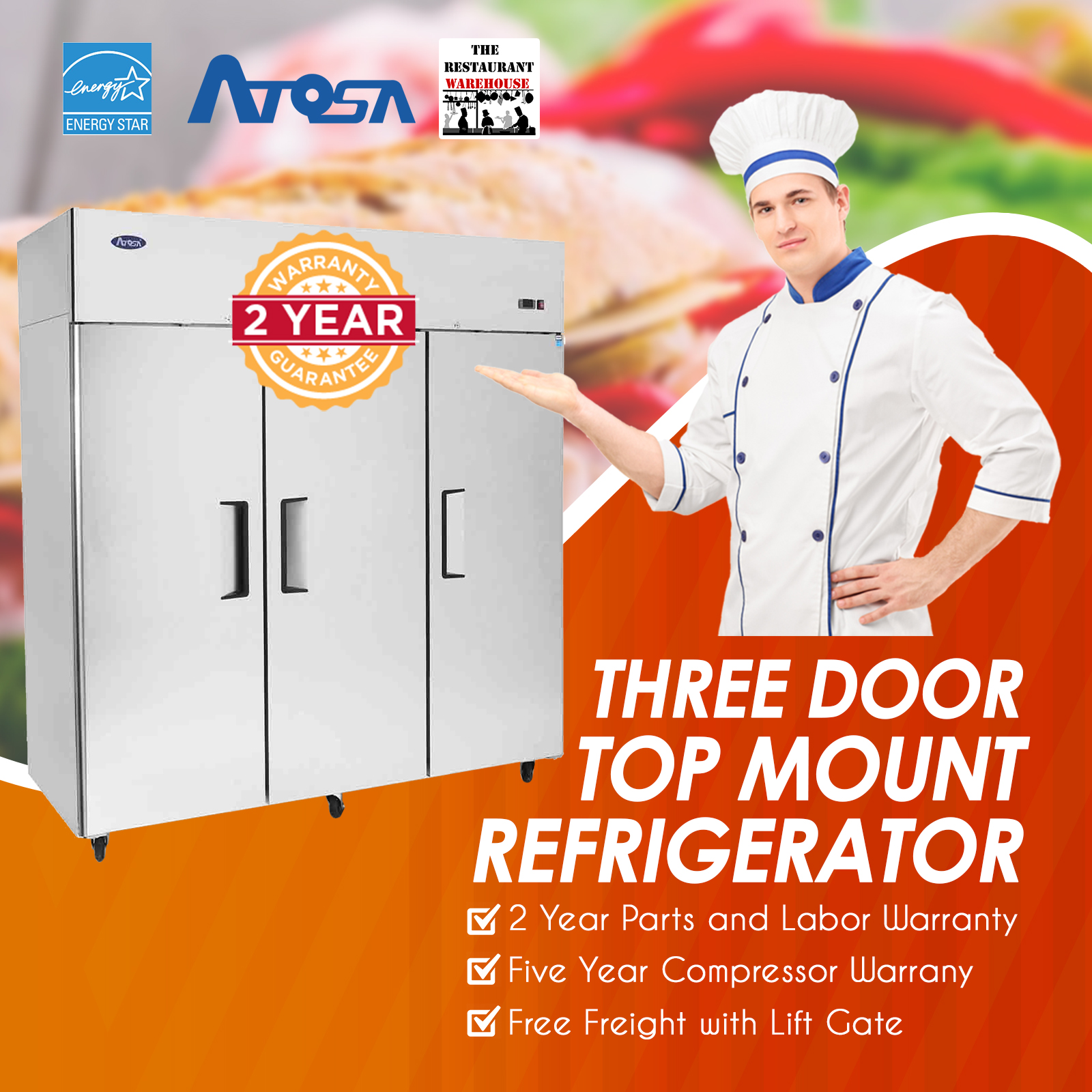 Atosa MBF8006GR 78-Inch Three Door Upright Refrigerator